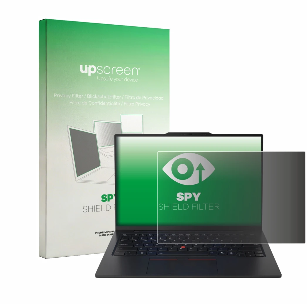 Face avant d’un emballage produit avec le logo de la marque upscreen. À côté, l’appareil Lenovo ThinkPad X1 Carbon Gen 13 14