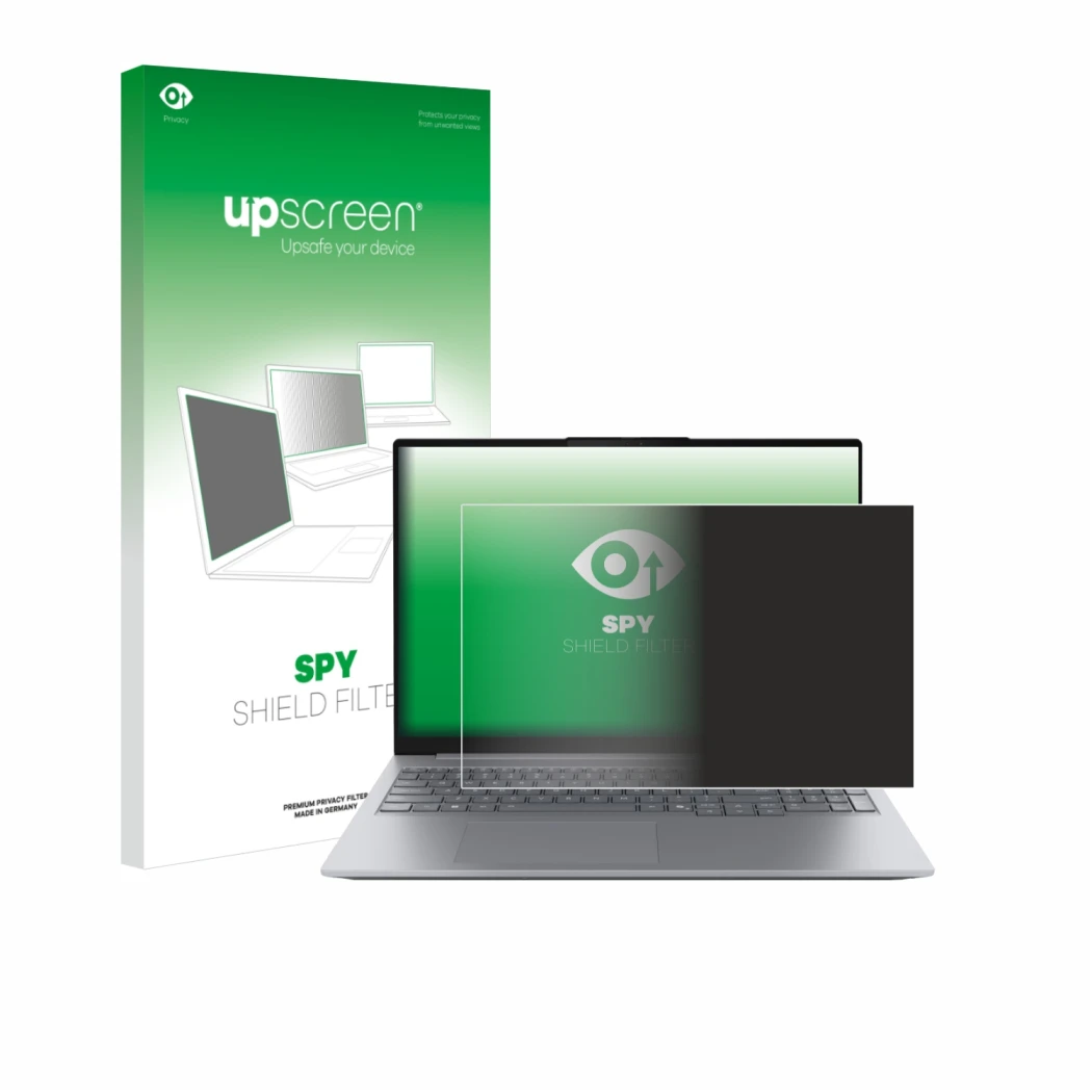 Face avant d’un emballage produit avec le logo de la marque upscreen. À côté, l’appareil Lenovo ThinkBook 16 Gen 8 est représe
