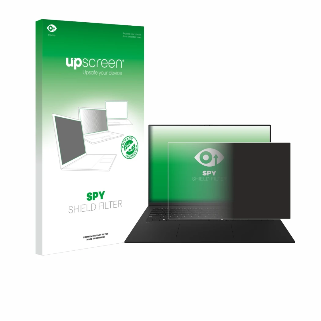 Face avant d’un emballage produit avec le logo de la marque upscreen. À côté, l’appareil LG gram 17