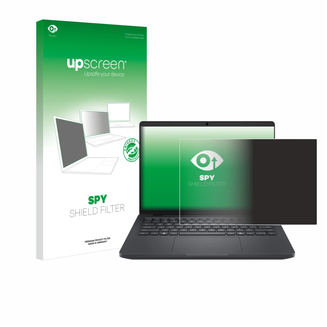 Face avant d’un emballage produit avec le logo de la marque upscreen. À côté, l’appareil Dell Pro Max 14 est représenté avec l