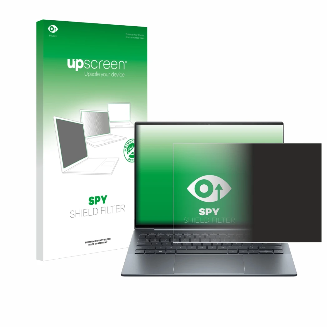 Face avant d’un emballage produit avec le logo de la marque upscreen. À côté, l’appareil HP Dragonfly 13.5