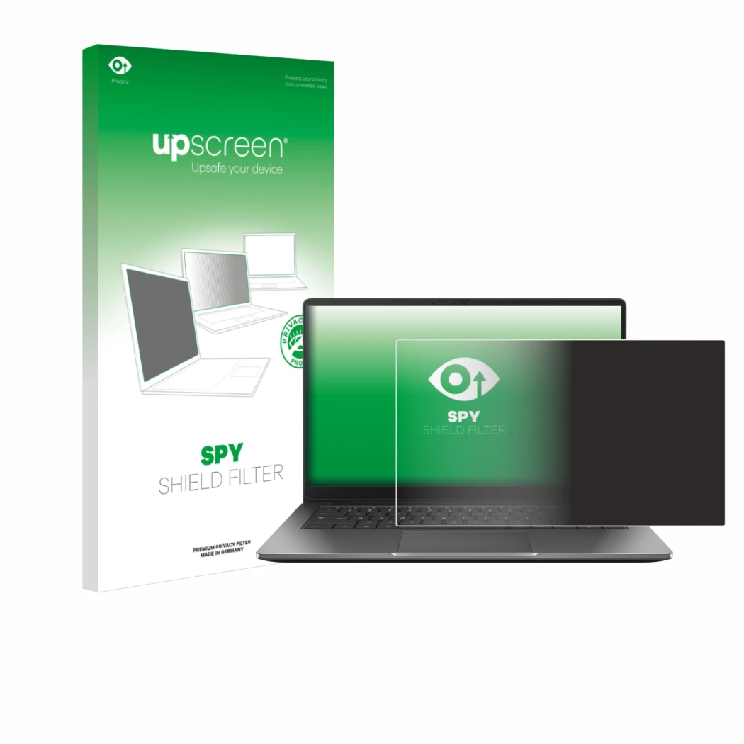 Face avant d’un emballage produit avec le logo de la marque upscreen. À côté, l’appareil ASUS Chromebook Plus CX14 est représe
