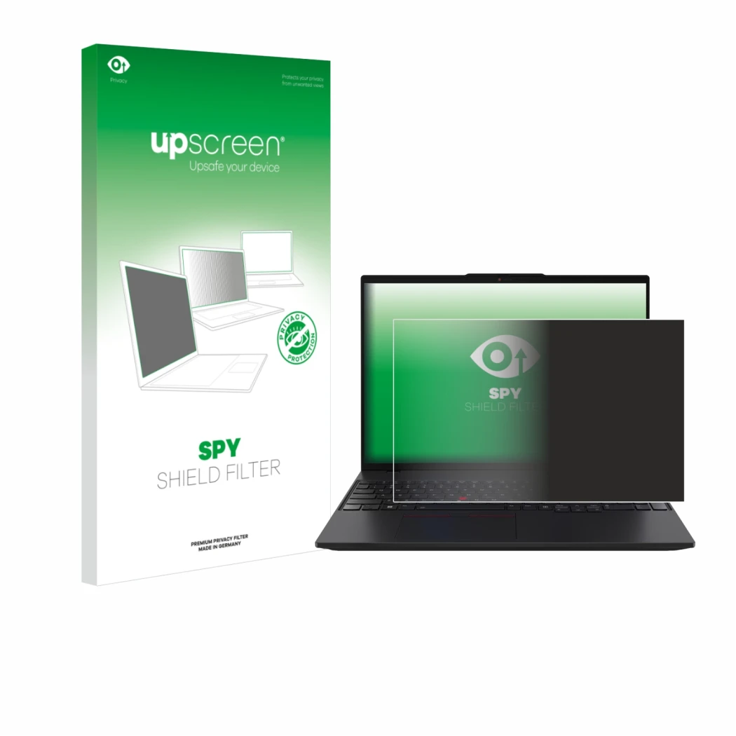 Face avant d’un emballage produit avec le logo de la marque upscreen. À côté, l’appareil Lenovo ThinkPad L16 Gen 2 est représe