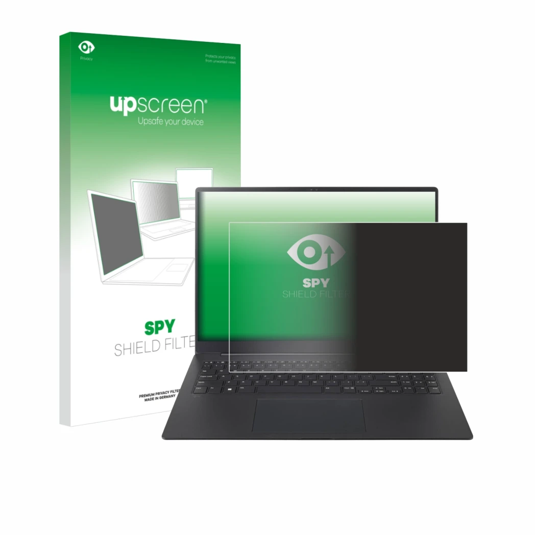 Face avant d’un emballage produit avec le logo de la marque upscreen. À côté, l’appareil LG gram Pro 16 2025 est représenté av