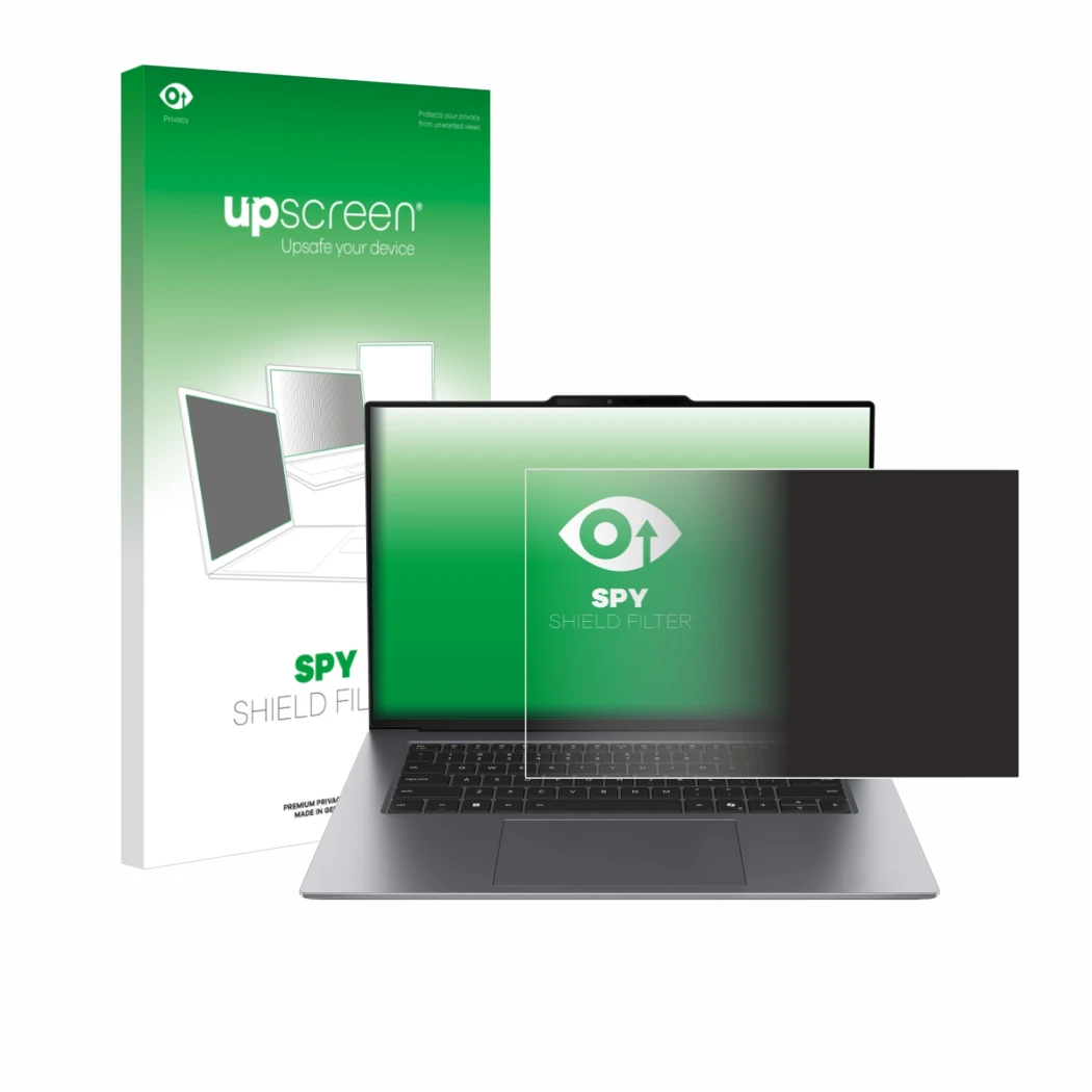 Face avant d’un emballage produit avec le logo de la marque upscreen. À côté, l’appareil Lenovo ThinkPad X9 14 G1 est représen