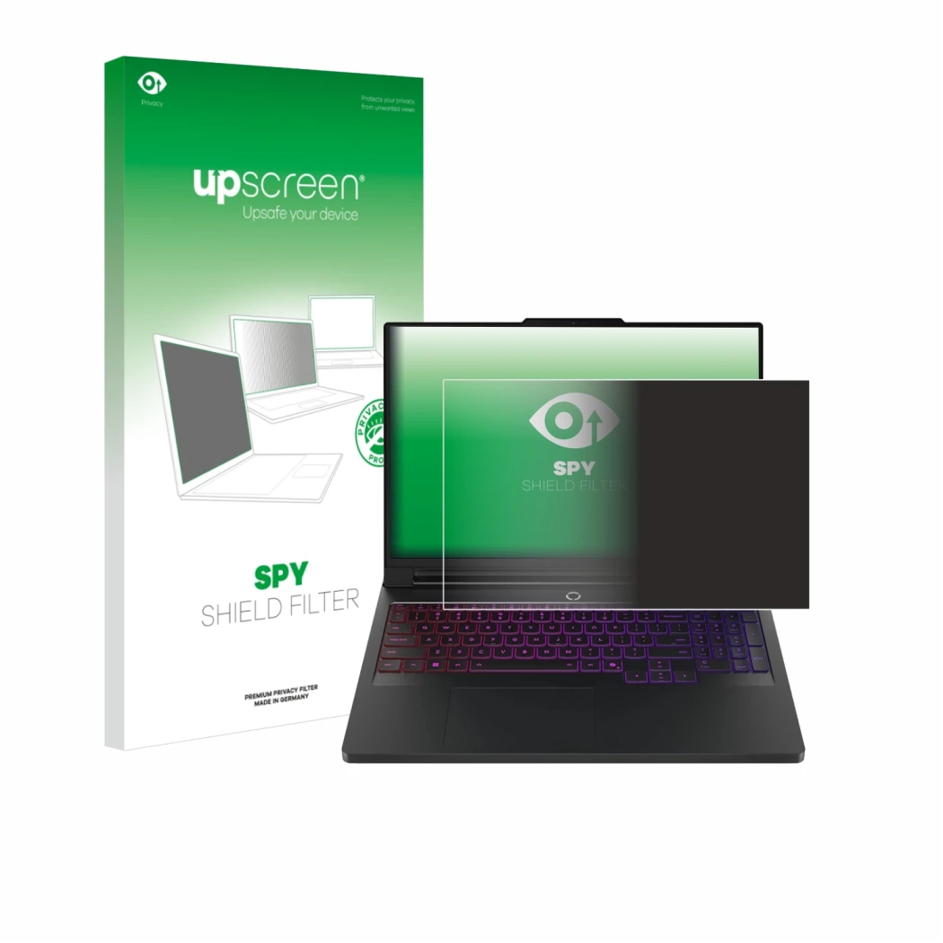 Face avant d’un emballage produit avec le logo de la marque upscreen. À côté, l’appareil Lenovo Legion Pro 7 Gen 10 16
