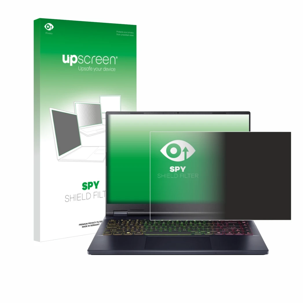 Face avant d’un emballage produit avec le logo de la marque upscreen. À côté, l’appareil Acer Predator Helios Neo 14 AI est re