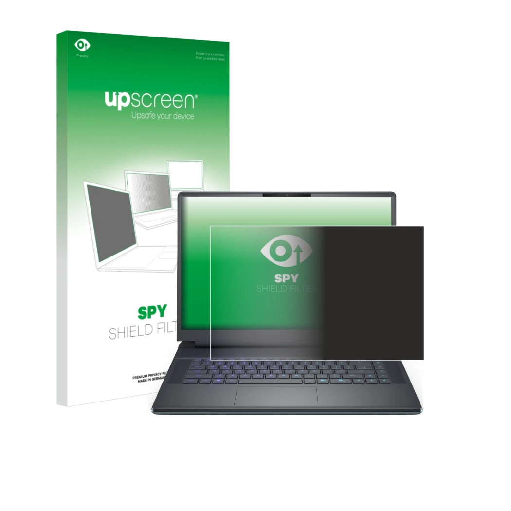 Face avant d’un emballage produit avec le logo de la marque upscreen. À côté, l’appareil Dell Alienware 16 Area-51 est représe
