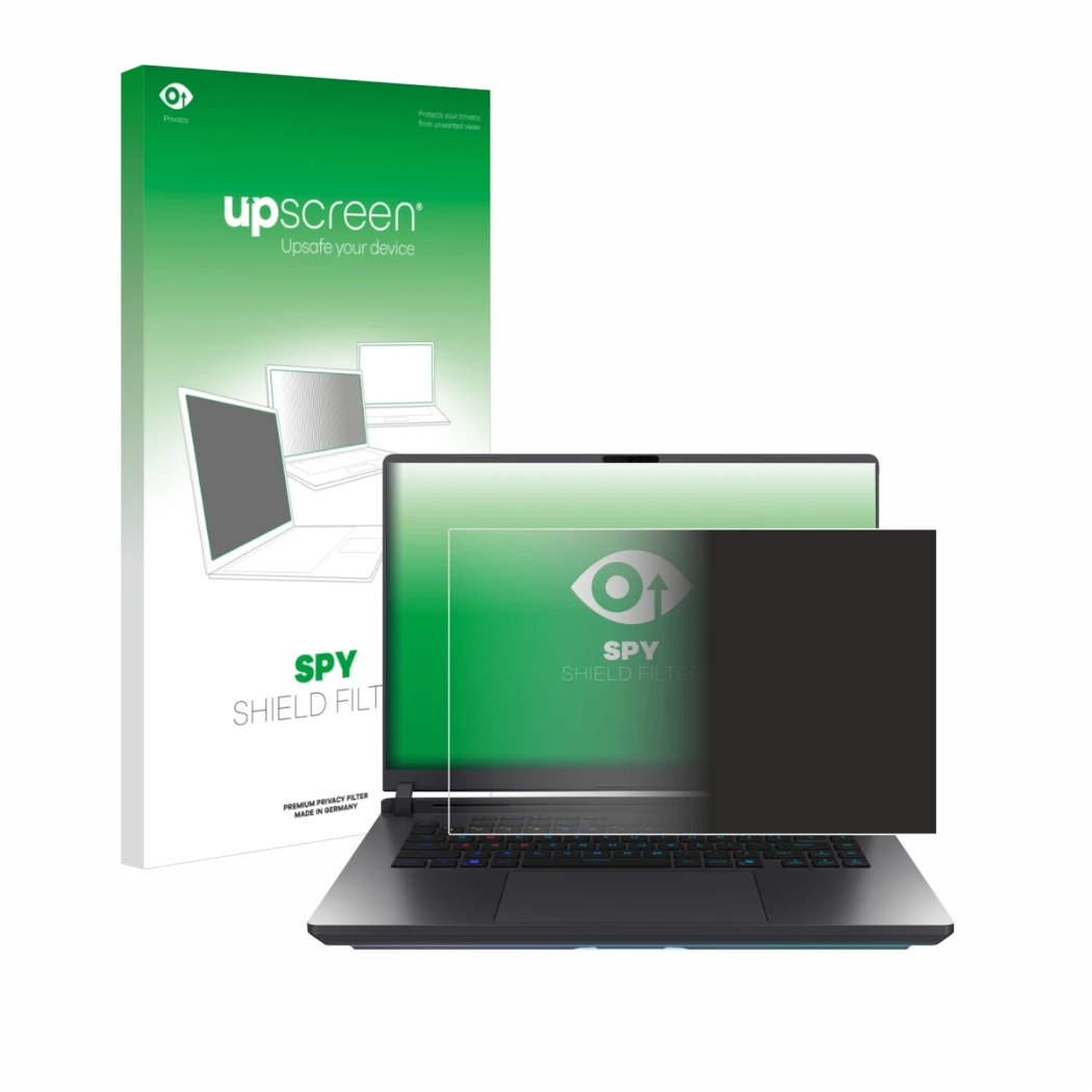 Face avant d’un emballage produit avec le logo de la marque upscreen. À côté, l’appareil ASUS ROG Strix G16 2025 est représent