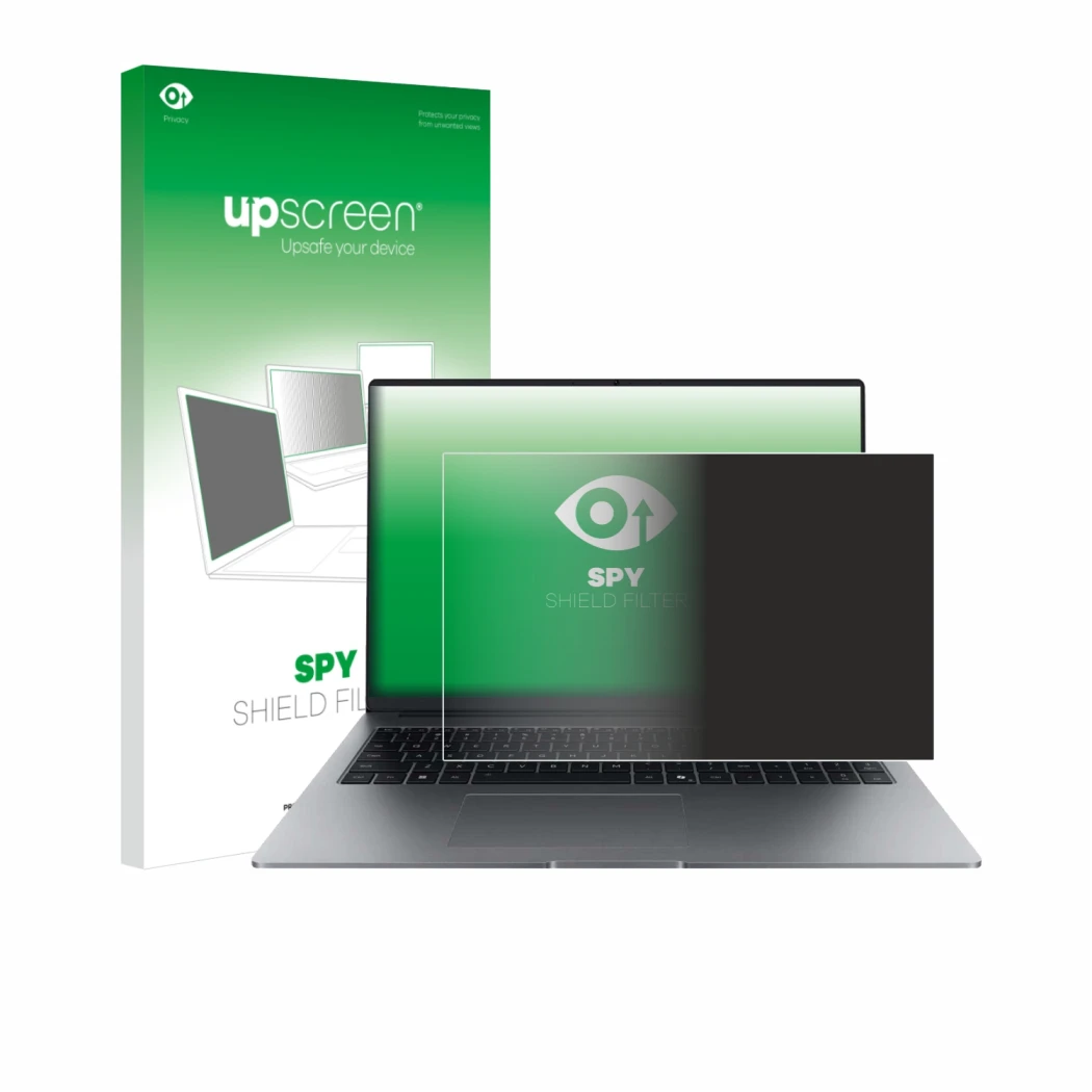 Face avant d’un emballage produit avec le logo de la marque upscreen. À côté, l’appareil Honor MagicBook X16 Plus 2025 est rep
