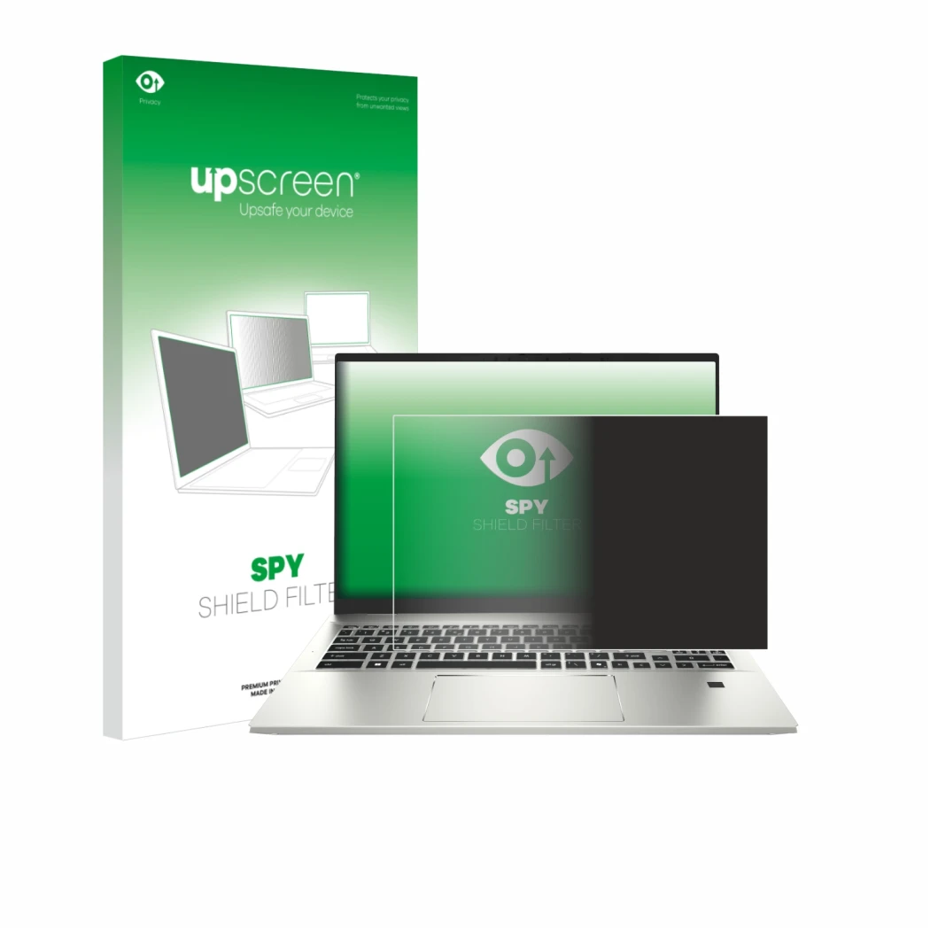Face avant d’un emballage produit avec le logo de la marque upscreen. À côté, l’appareil MSI Prestige A16 AI+ est représenté a