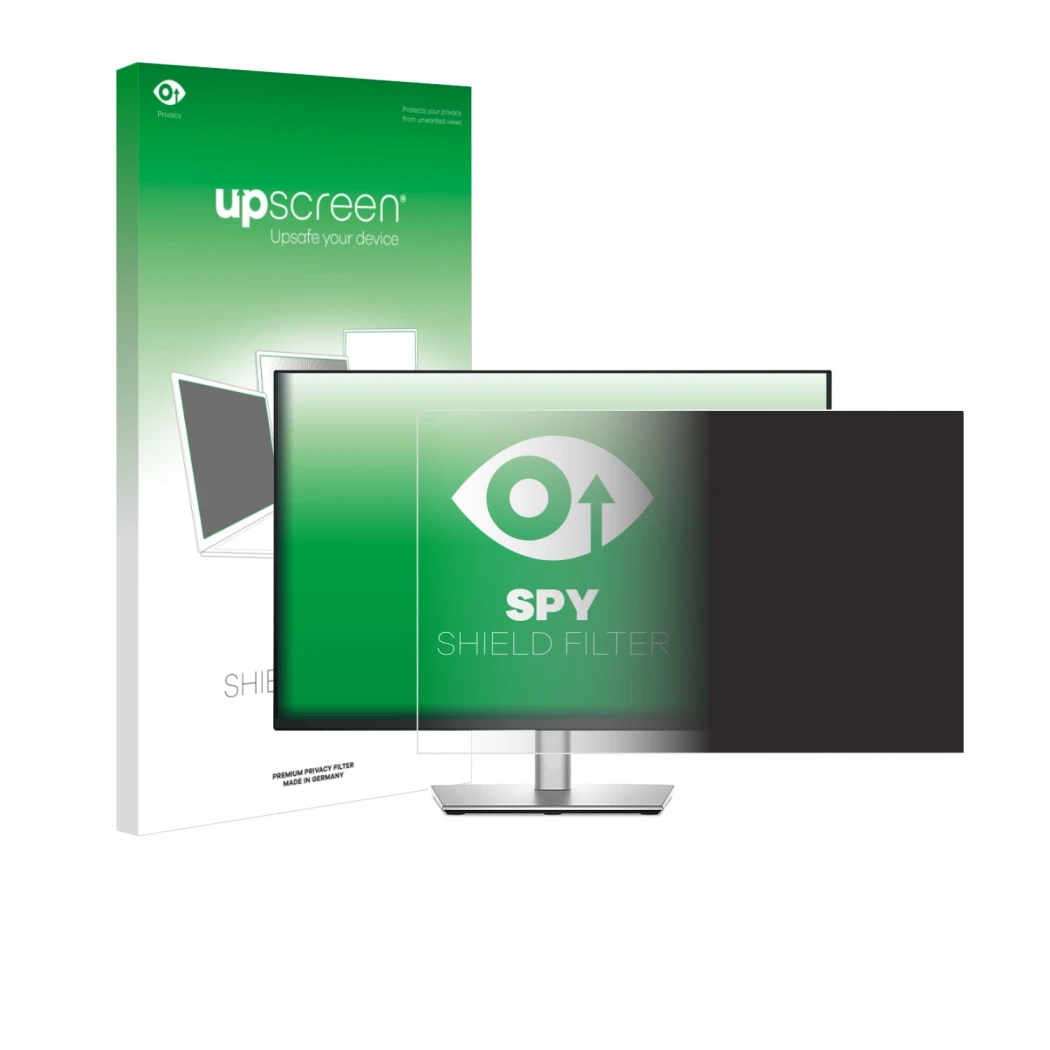 Face avant d’un emballage produit avec le logo de la marque upscreen. À côté, l’appareil Dell P2425E est représenté avec la pr