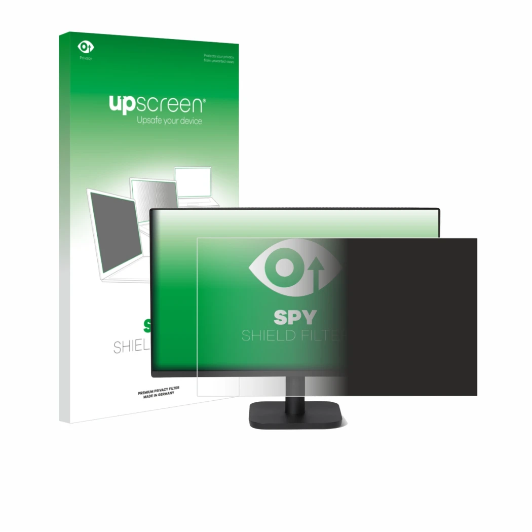 Face avant d’un emballage produit avec le logo de la marque upscreen. À côté, l’appareil Amazon Basics 27E40 est représenté av