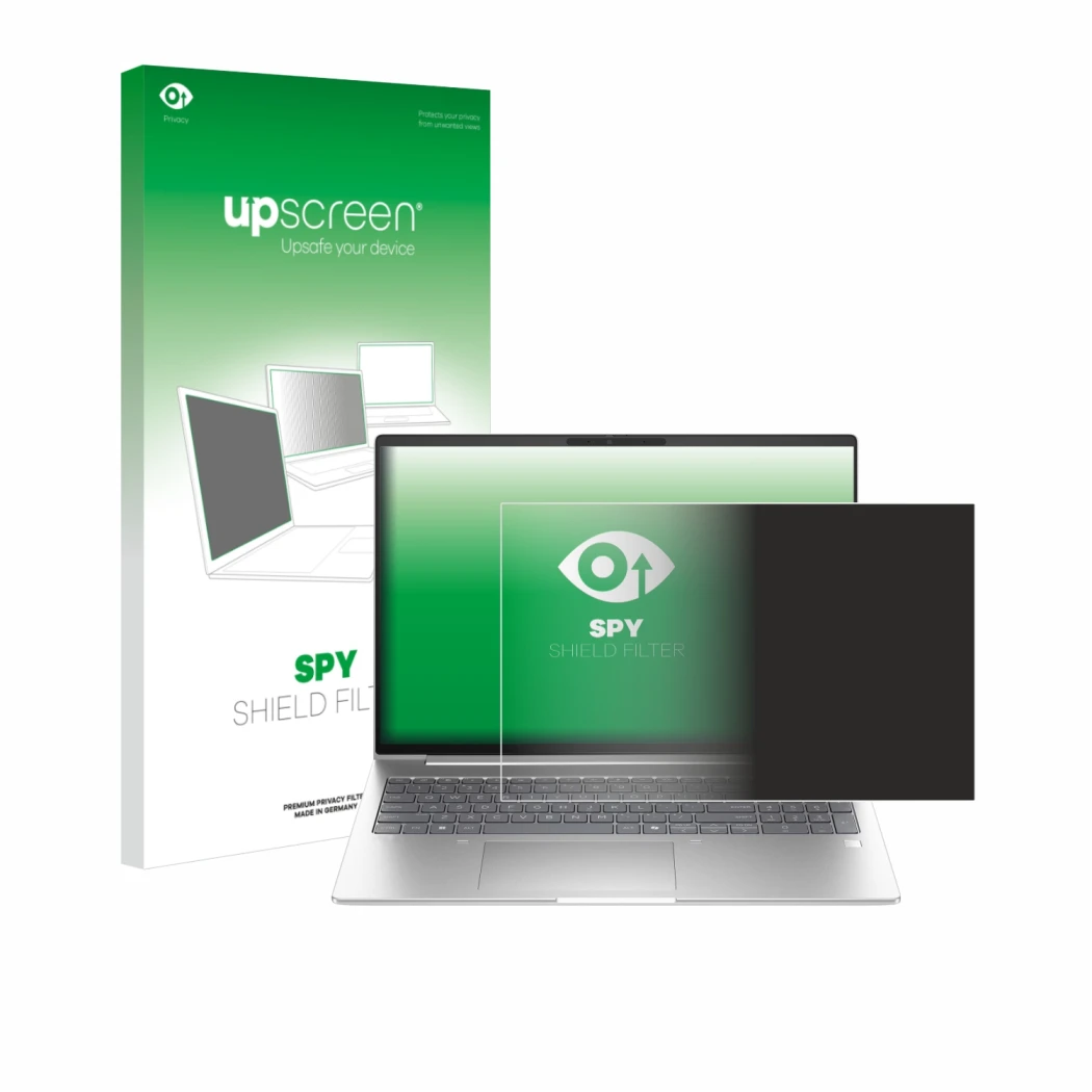 Face avant d’un emballage produit avec le logo de la marque upscreen. À côté, l’appareil HP EliteBook 6 G1ah 16