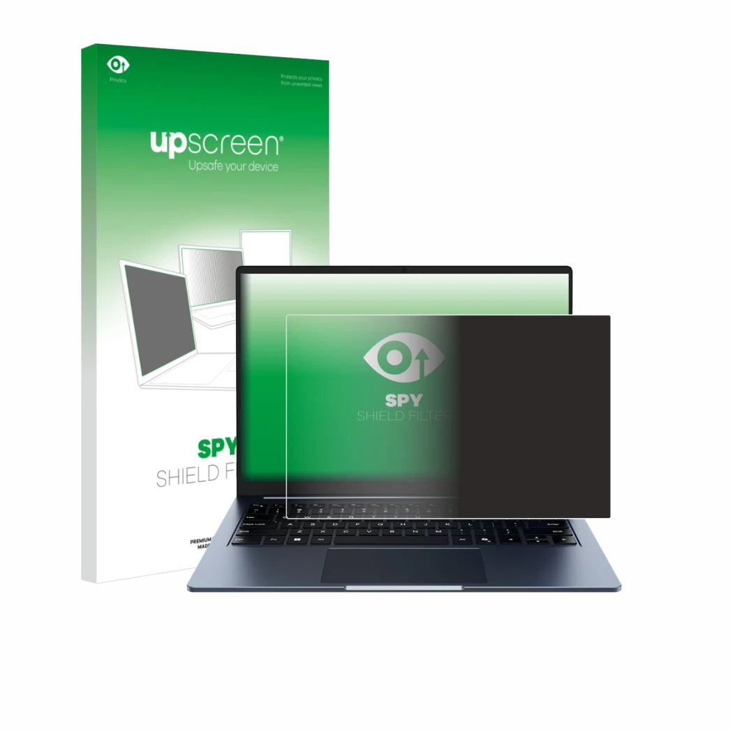 Face avant d’un emballage produit avec le logo de la marque upscreen. À côté, l’appareil Chuwi CoreBook Air 14