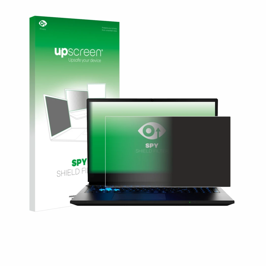 Face avant d’un emballage produit avec le logo de la marque upscreen. À côté, l’appareil MEDION Erazer Deputy 15 P1 est représ
