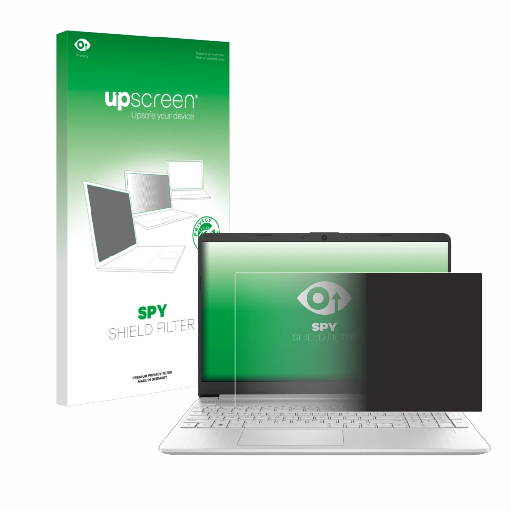 Face avant d’un emballage produit avec le logo de la marque upscreen. À côté, l’appareil HP 15s-fq2000 est représenté avec la