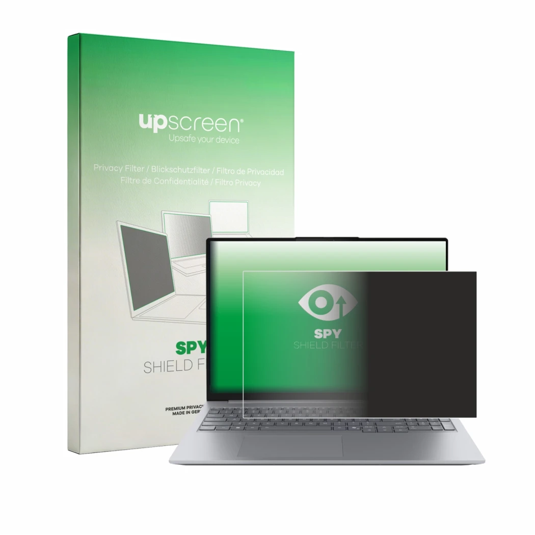 Face avant d’un emballage produit avec le logo de la marque upscreen. À côté, l’appareil Lenovo ThinkBook 16 Gen 9 est représe