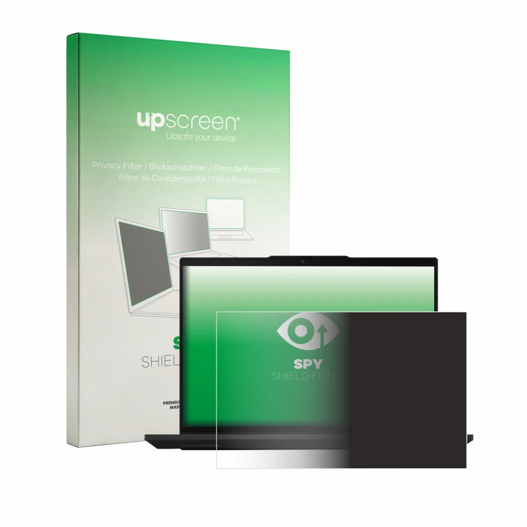 Face avant d’un emballage produit avec le logo de la marque upscreen. À côté, l’appareil Lenovo ThinkPad L16 Gen 3 est représe