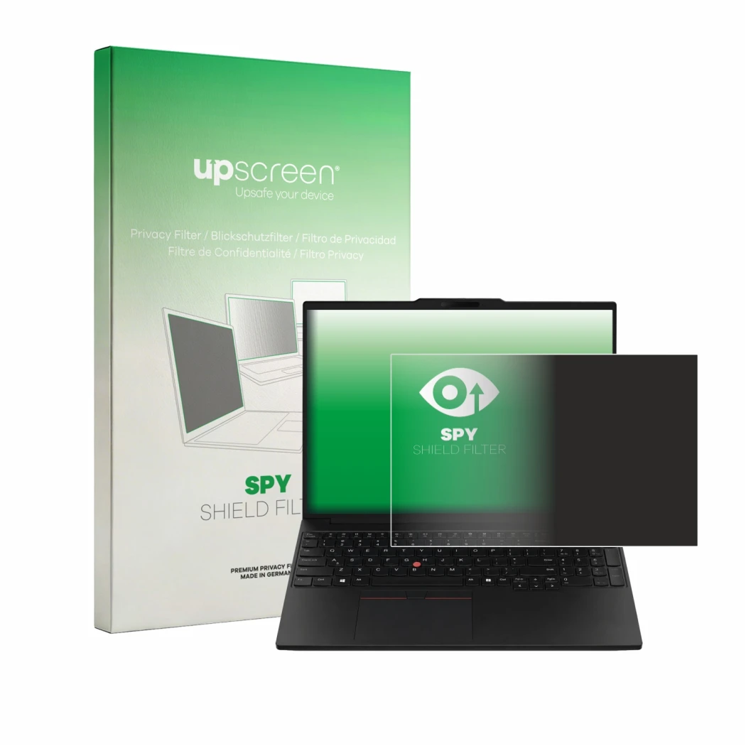 Face avant d’un emballage produit avec le logo de la marque upscreen. À côté, l’appareil Lenovo ThinkPad P16s Gen 5 est représ