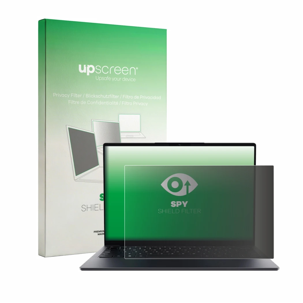 Face avant d’un emballage produit avec le logo de la marque upscreen. À côté, l’appareil Chuwi UniBook est représenté avec la