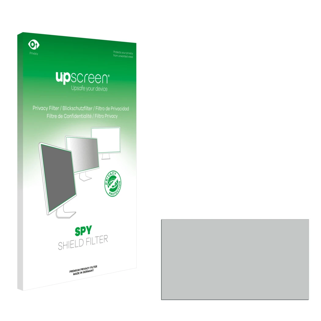 Face avant d’un emballage produit avec le logo de la marque upscreen. À côté se trouve la protection d’écran correspondante.