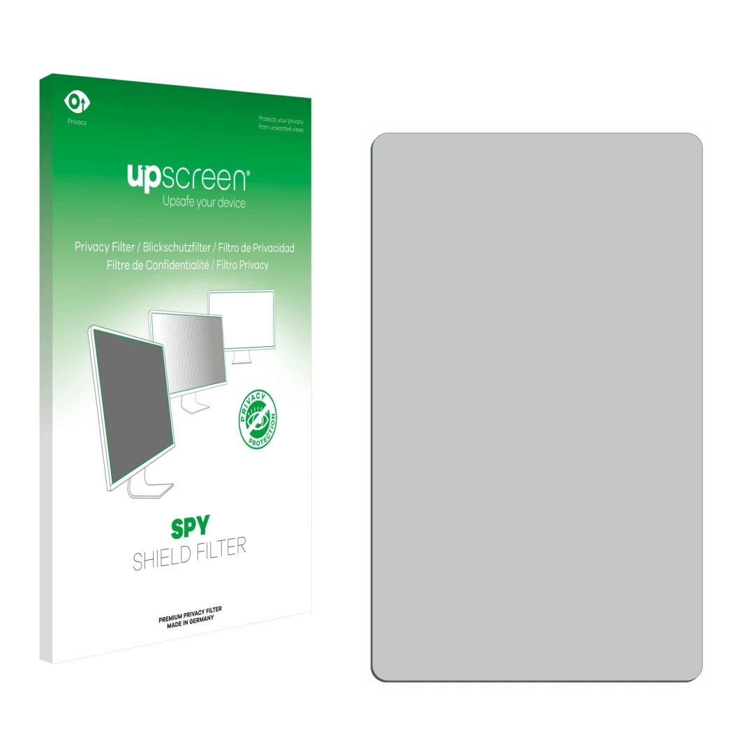 Face avant d’un emballage produit avec le logo de la marque upscreen. À côté se trouve la protection d’écran correspondante.