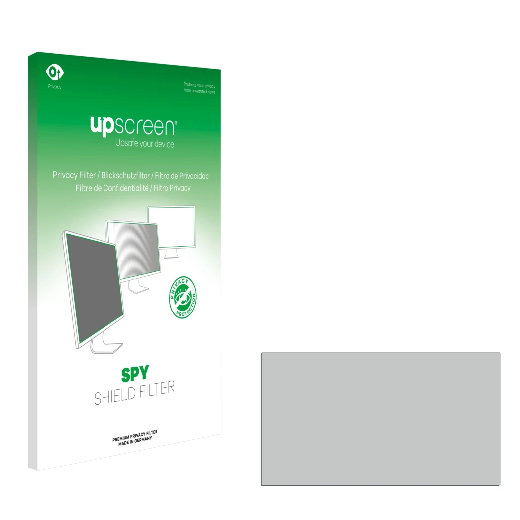 Face avant d’un emballage produit avec le logo de la marque upscreen. À côté se trouve la protection d’écran correspondante.