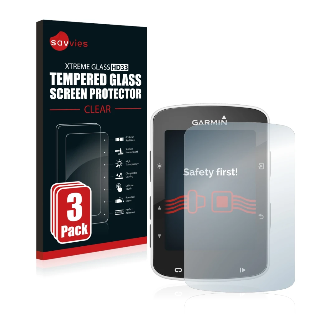 Face avant d’un emballage produit avec le logo de la marque Savvies. À côté, l’appareil Garmin Edge 820 est représenté avec la