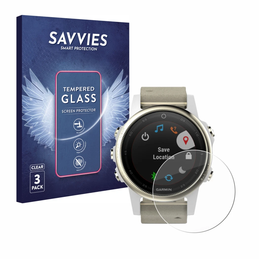 Face avant d’un emballage produit avec le logo de la marque Savvies. À côté, l’appareil Garmin Fenix 5S (42 mm) est représenté