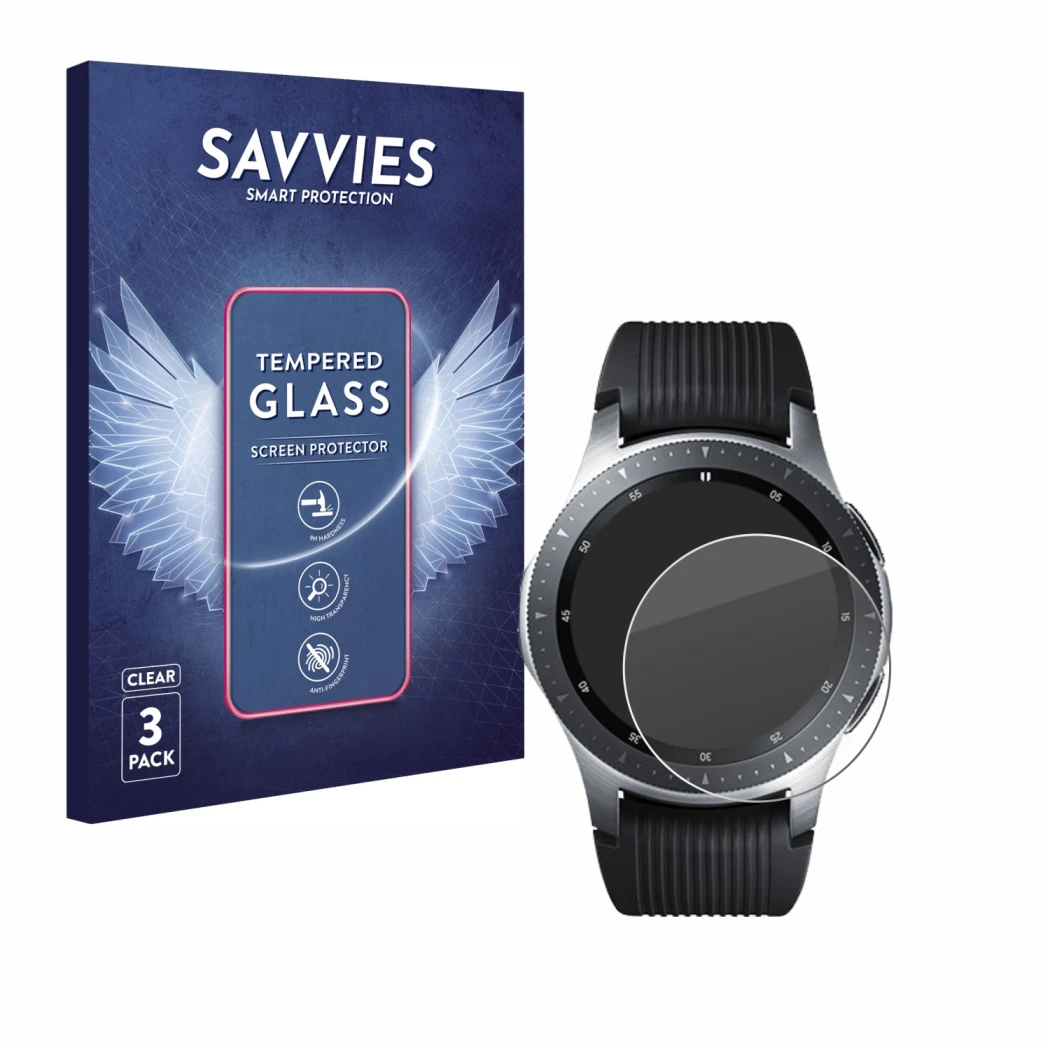 Face avant d’un emballage produit avec le logo de la marque Savvies. À côté, l’appareil Samsung Galaxy Watch (46 mm) est repré