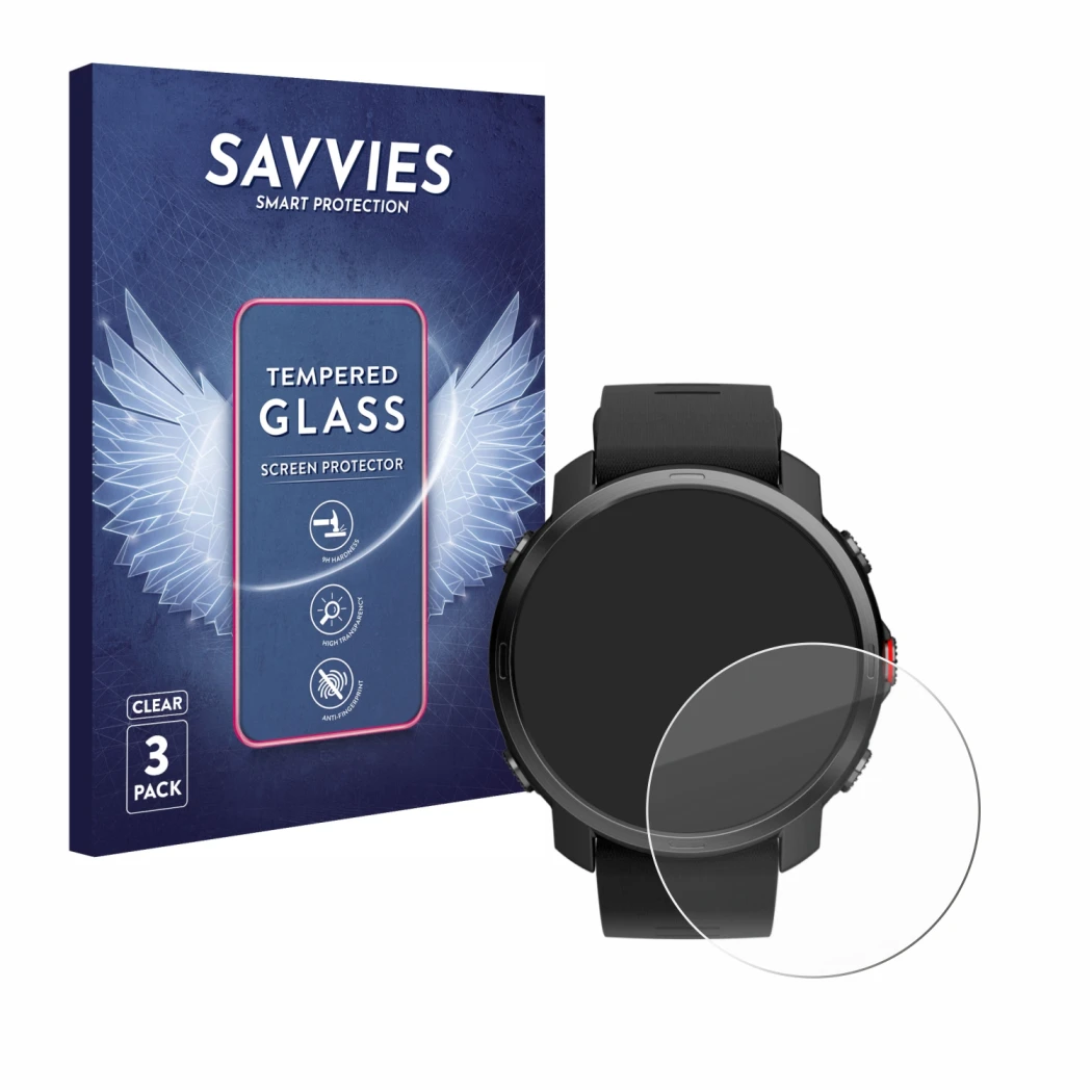 Face avant d’un emballage produit avec le logo de la marque Savvies. À côté, l’appareil Polar Grit X est représenté avec la pr