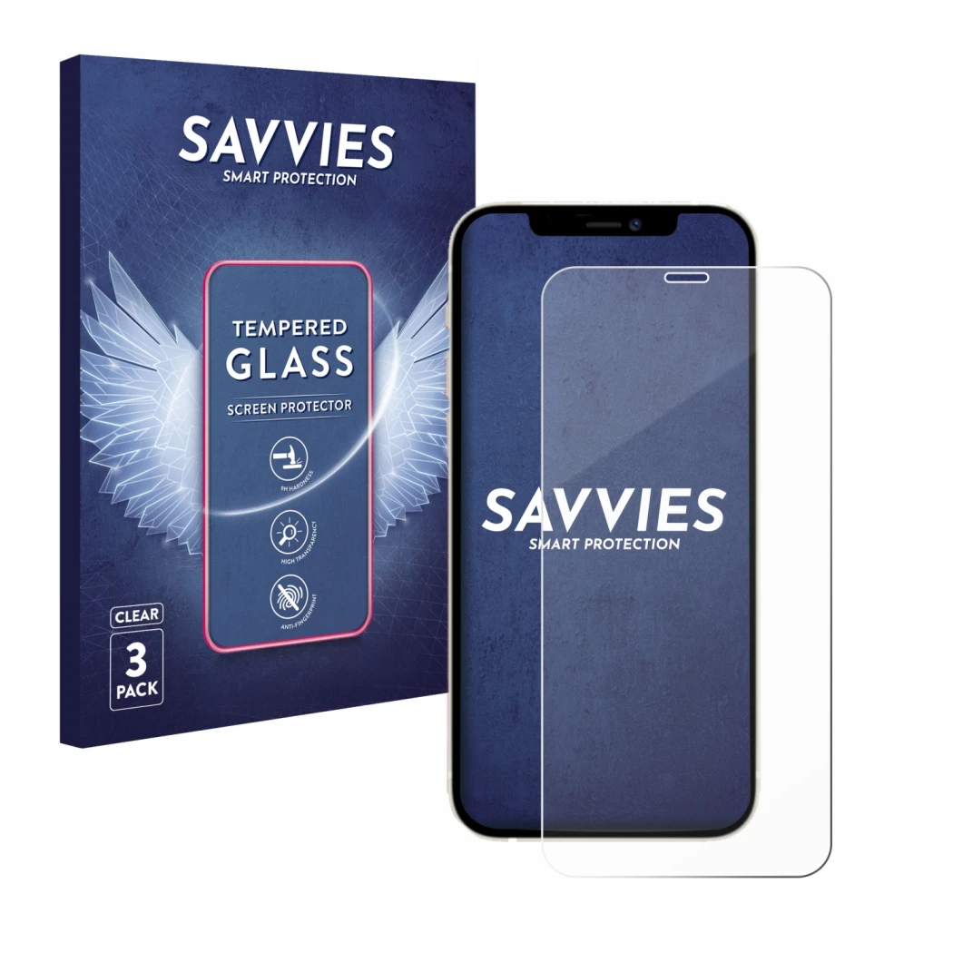 Face avant d’un emballage produit avec le logo de la marque Savvies. À côté, l’appareil Apple iPhone 12 Pro est représenté ave