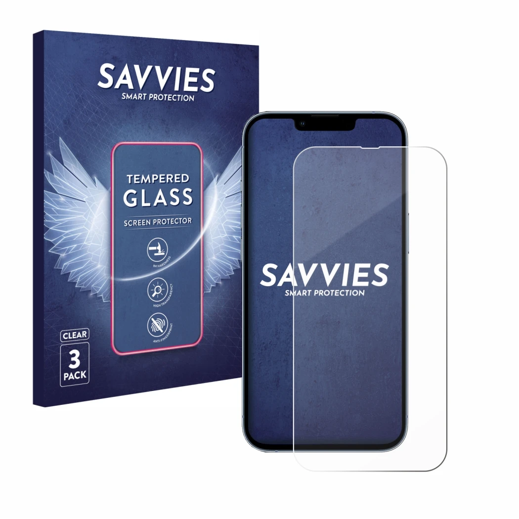 Face avant d’un emballage produit avec le logo de la marque Savvies. À côté, l’appareil Apple iPhone 13 Pro est représenté ave