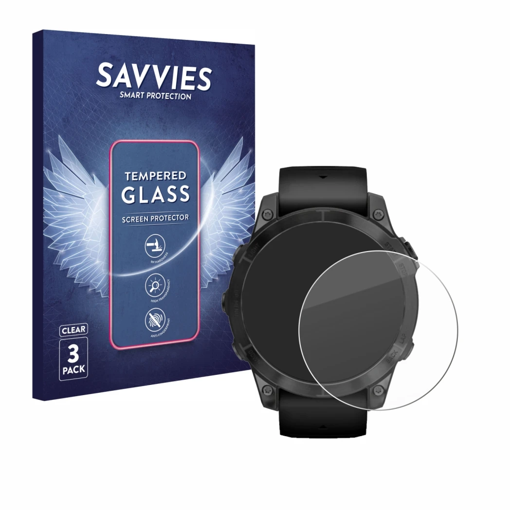 Face avant d’un emballage produit avec le logo de la marque Savvies. À côté, l’appareil Garmin Epix Pro (Gen 2) (47 mm) est re