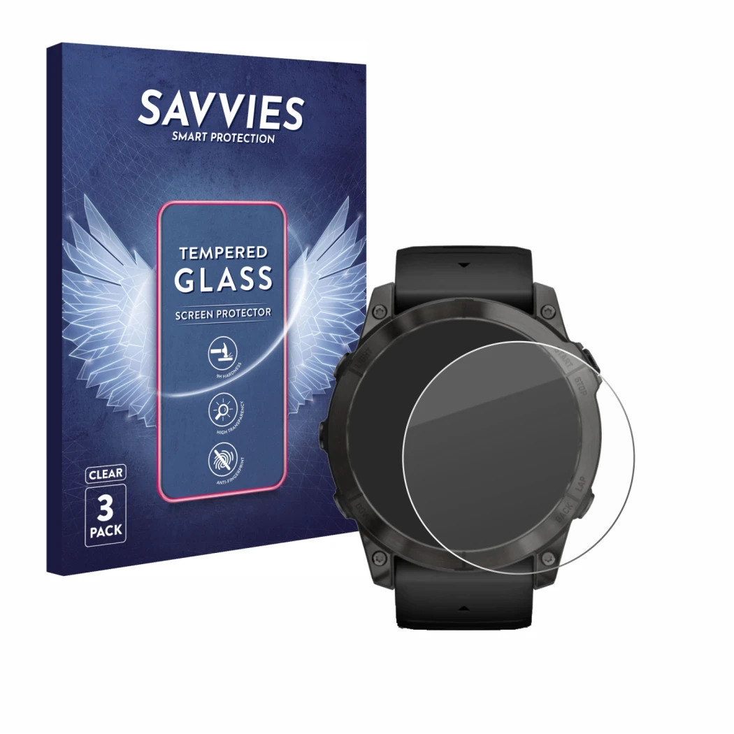 Face avant d’un emballage produit avec le logo de la marque Savvies. À côté, l’appareil Garmin Epix Pro (Gen 2) (51 mm) est re