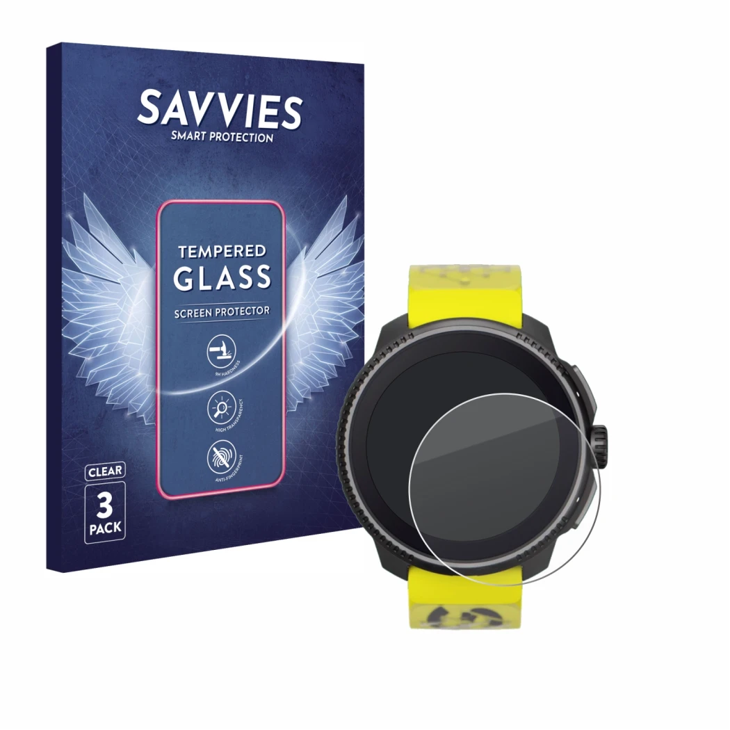 Face avant d’un emballage produit avec le logo de la marque Savvies. À côté, l’appareil Suunto Race est représenté avec la pro