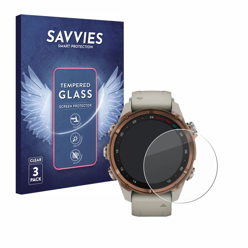 Face avant d’un emballage produit avec le logo de la marque Savvies. À côté, l’appareil Garmin Descent Mk3 (43 mm) est représe