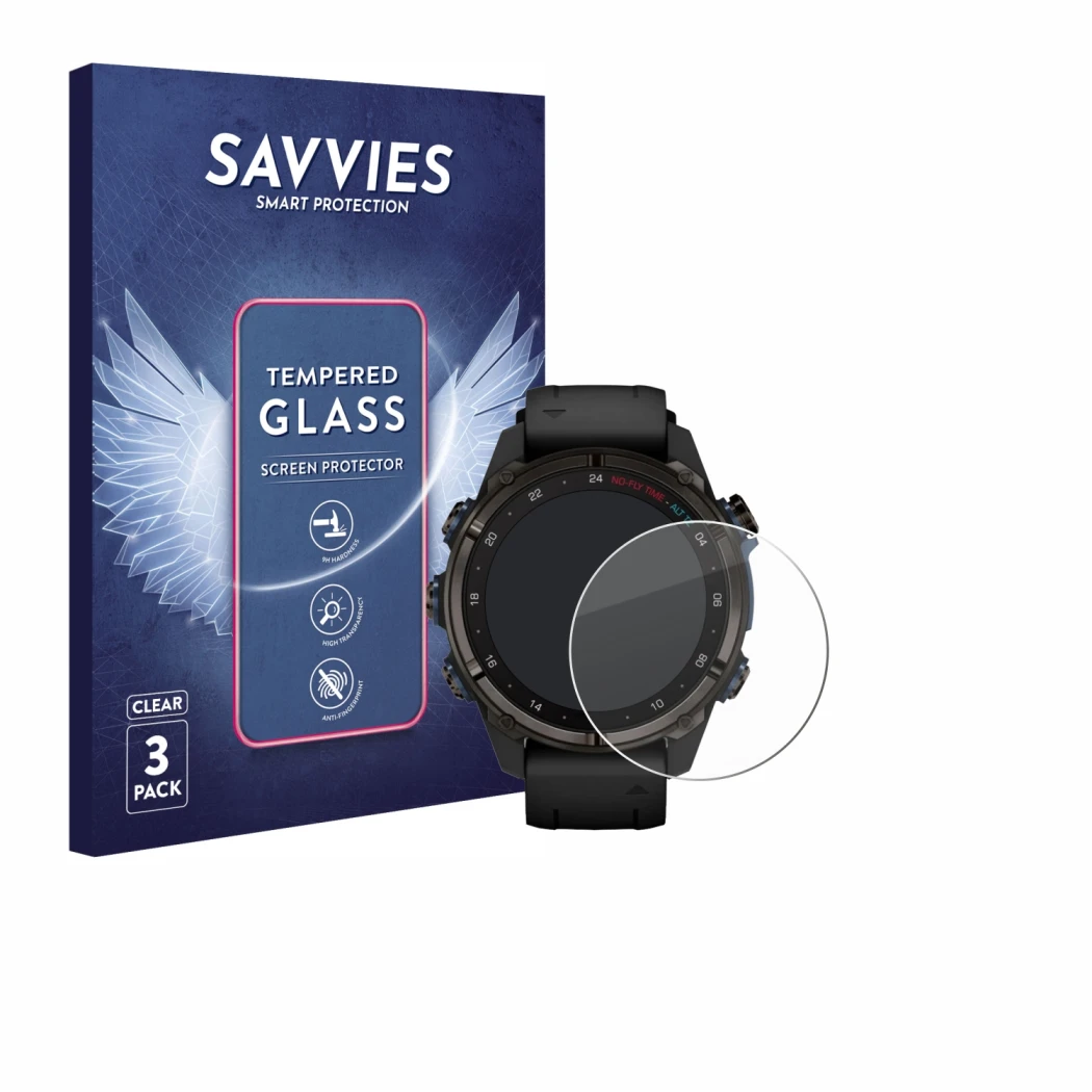 Face avant d’un emballage produit avec le logo de la marque Savvies. À côté, l’appareil Garmin Descent Mk3i (43 mm) est représ