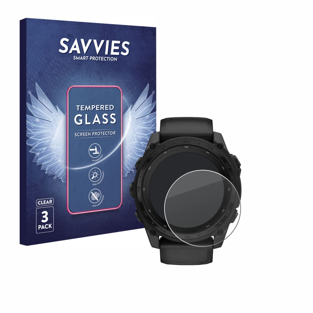 Face avant d’un emballage produit avec le logo de la marque Savvies. À côté, l’appareil Garmin Tactix 8 Solar (51 mm) est repr