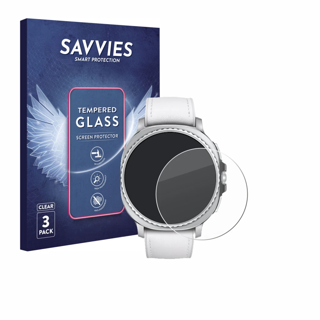 Face avant d’un emballage produit avec le logo de la marque Savvies. À côté, l’appareil Samsung Galaxy Watch 8 Classic (46 mm)