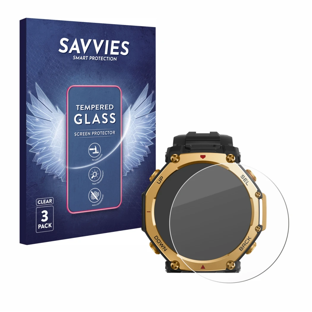 Face avant d’un emballage produit avec le logo de la marque Savvies. À côté, l’appareil Huami Amazfit T-Rex 3 Pro (48 mm) est 