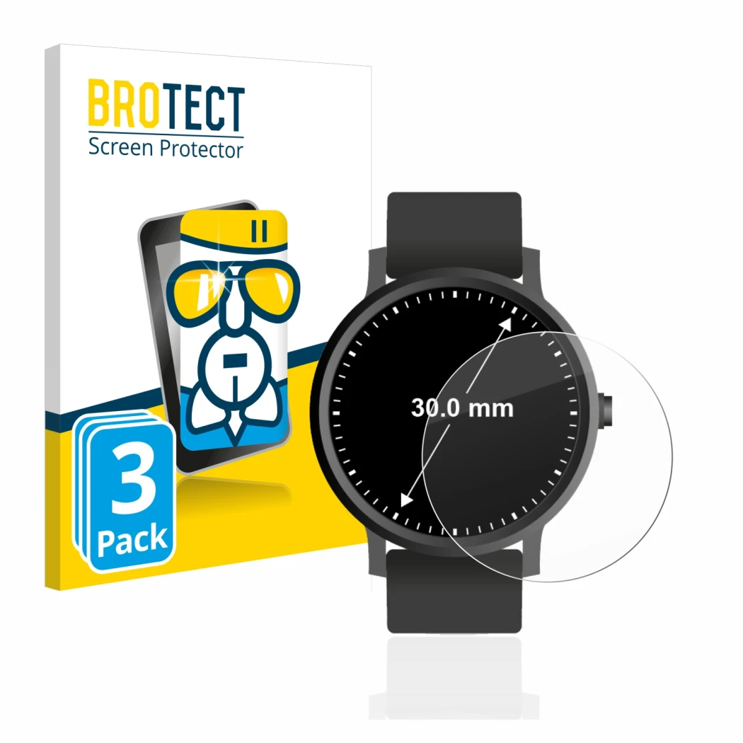 Face avant d’un emballage produit avec le logo de la marque BROTECT. À côté, l’appareil Montres (Circulaire, ø: 30 mm) est rep