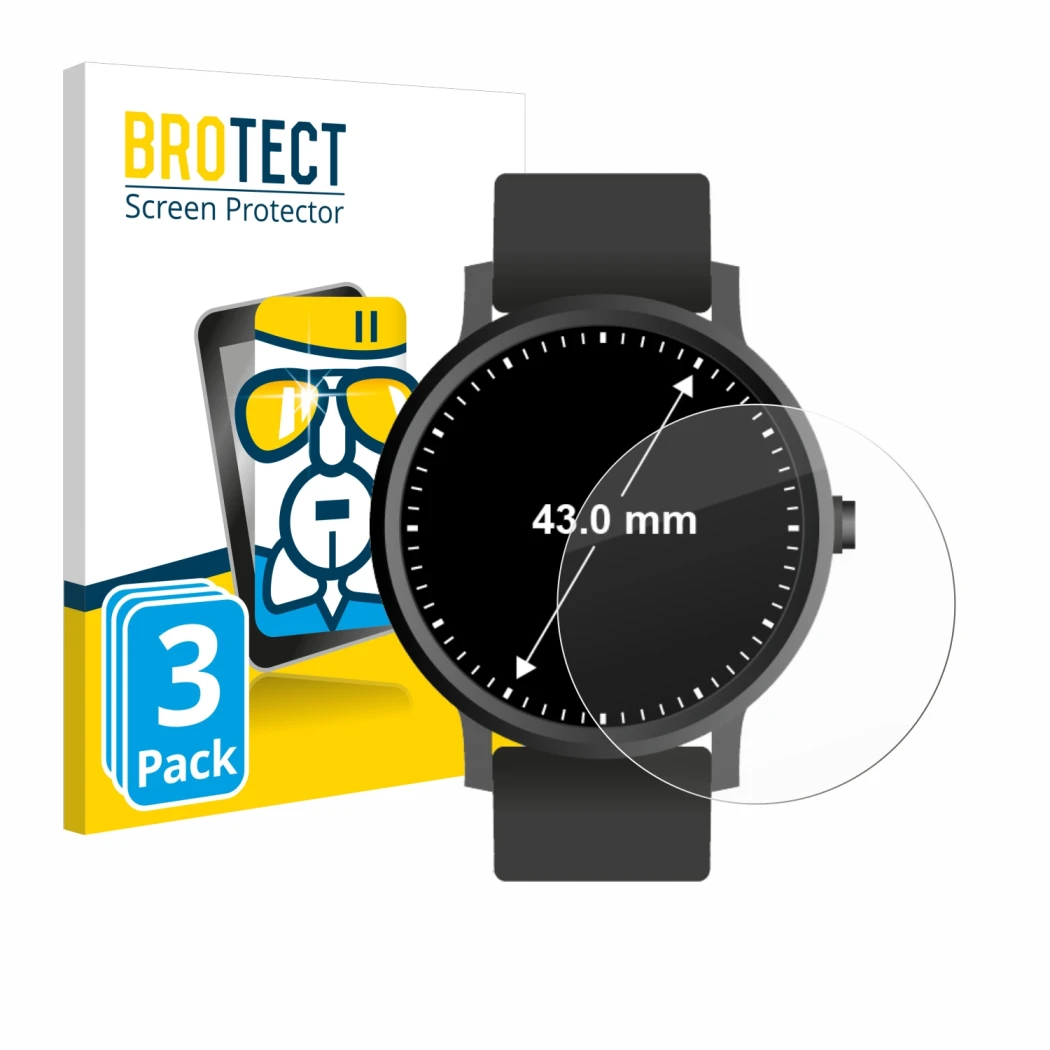 Face avant d’un emballage produit avec le logo de la marque BROTECT. À côté, l’appareil Montres (Circulaire, ø: 43 mm) est rep