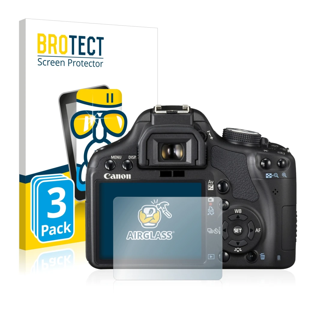 Face avant d’un emballage produit avec le logo de la marque BROTECT. À côté, l’appareil Canon EOS 500D est représenté avec la 