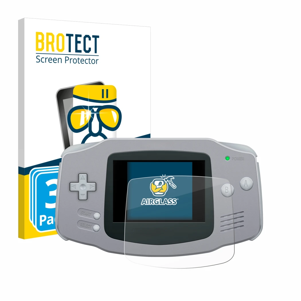 Face avant d’un emballage produit avec le logo de la marque BROTECT. À côté, l’appareil Nintendo Gameboy Advance GBA est repré
