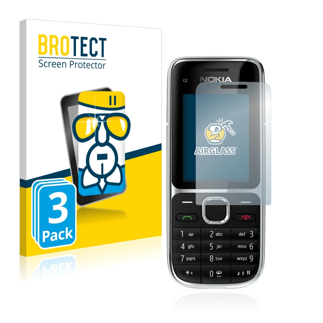 Face avant d’un emballage produit avec le logo de la marque BROTECT. À côté, l’appareil Nokia C2-01 est représenté avec la pro