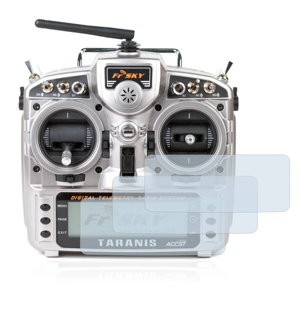 Image de l'appareil FrSky Taranis X9D avec une grande variété de protections d'écran.