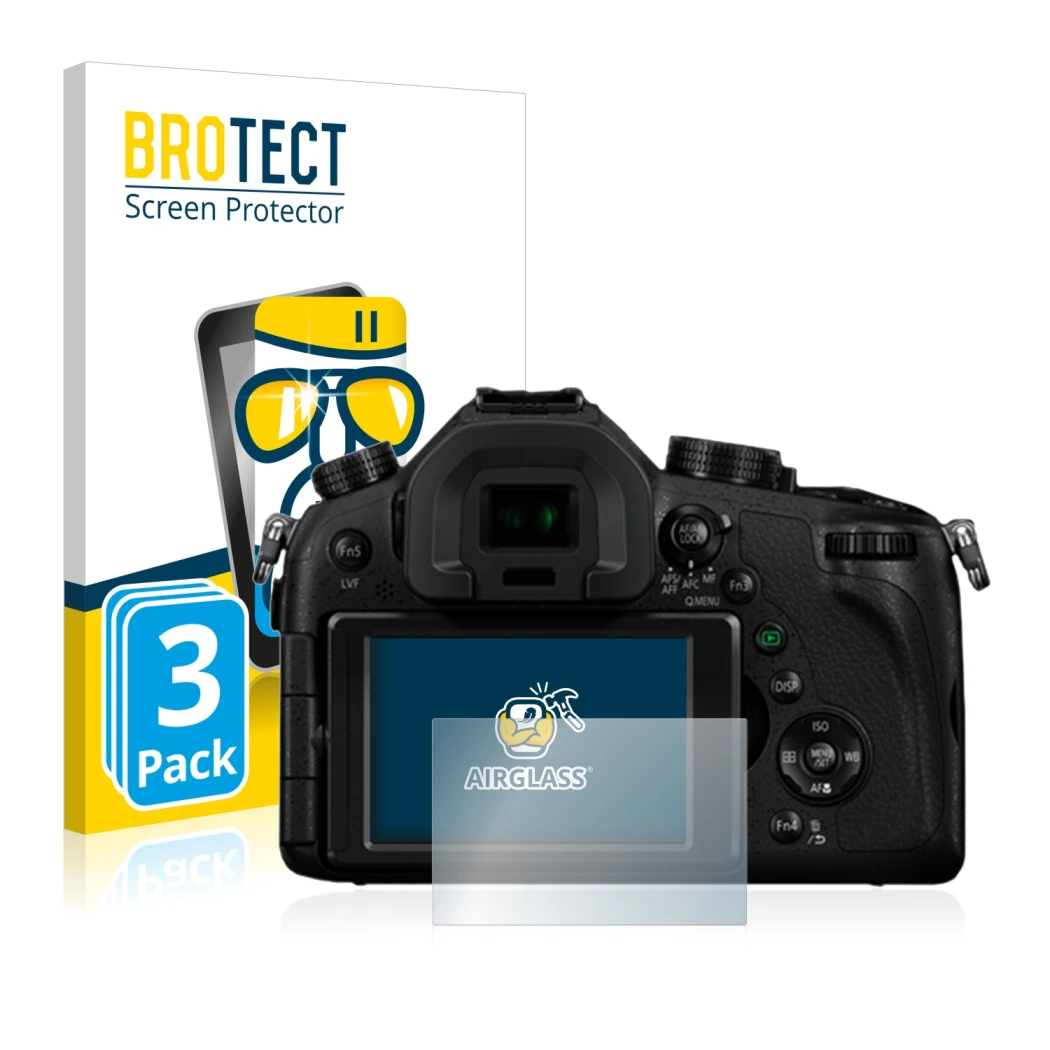 Face avant d’un emballage produit avec le logo de la marque BROTECT. À côté, l’appareil Panasonic Lumix DMC-FZ1000 est représe
