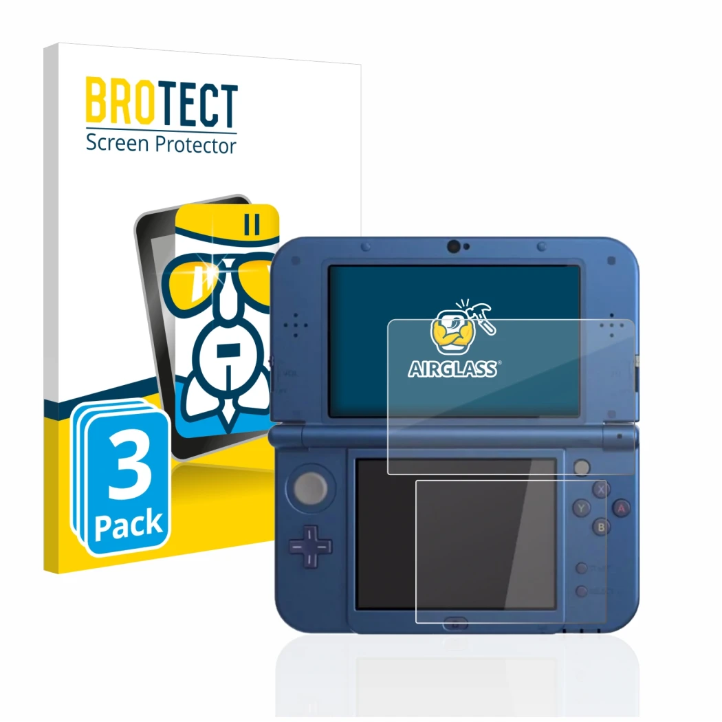 Face avant d’un emballage produit avec le logo de la marque BROTECT. À côté, l’appareil Nintendo New 3DS XL est représenté ave